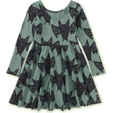Bats Print Boat Neck Long Sleeve Ballet Skirt Dress, Multi