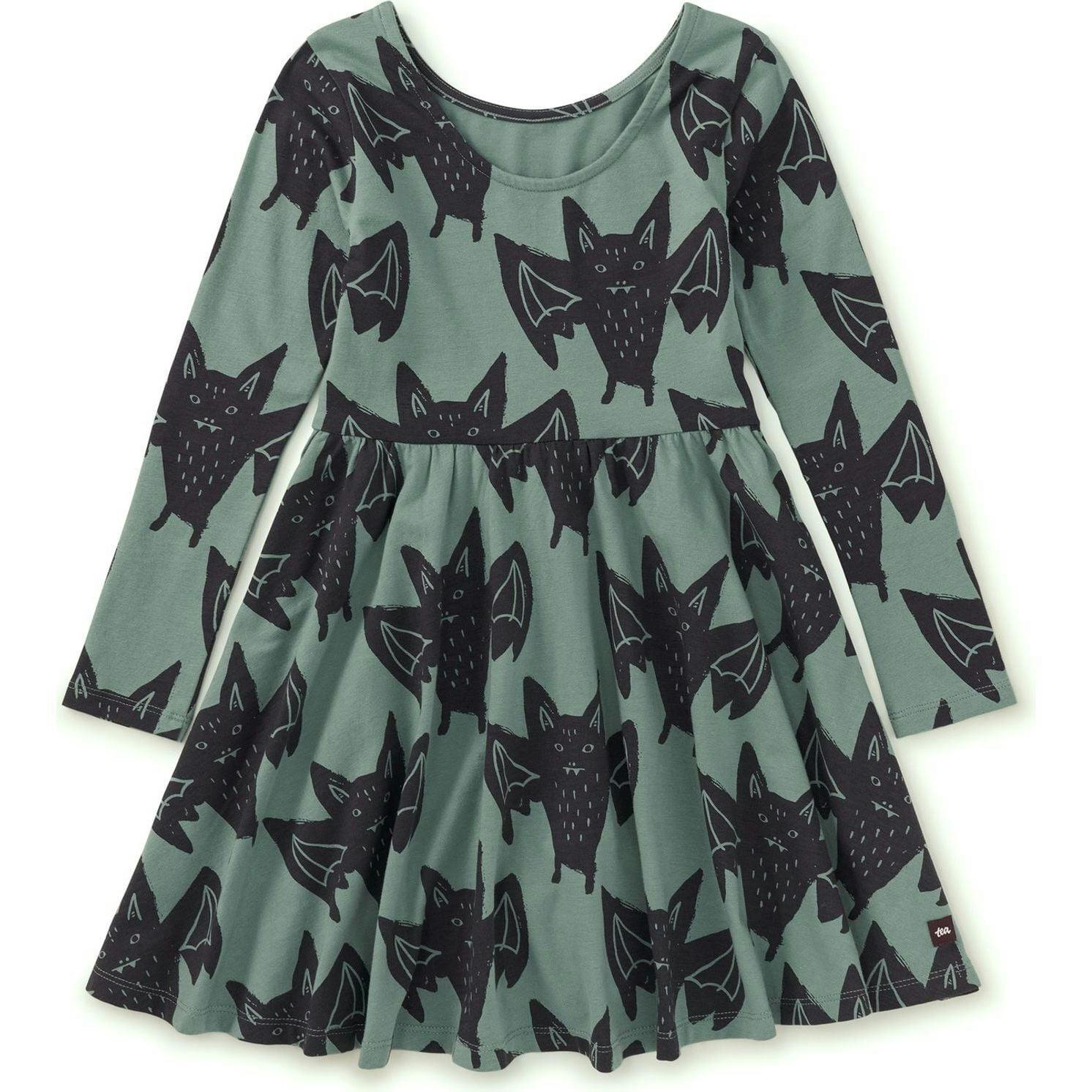 Bats Print Boat Neck Long Sleeve Ballet Skirt Dress, Multi