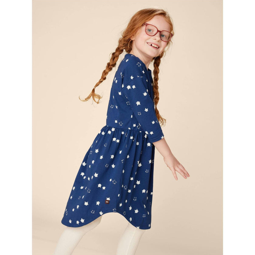 Graphic Print Crew Neck Long Sleeve Elastic Waist Midi Dress, Blue