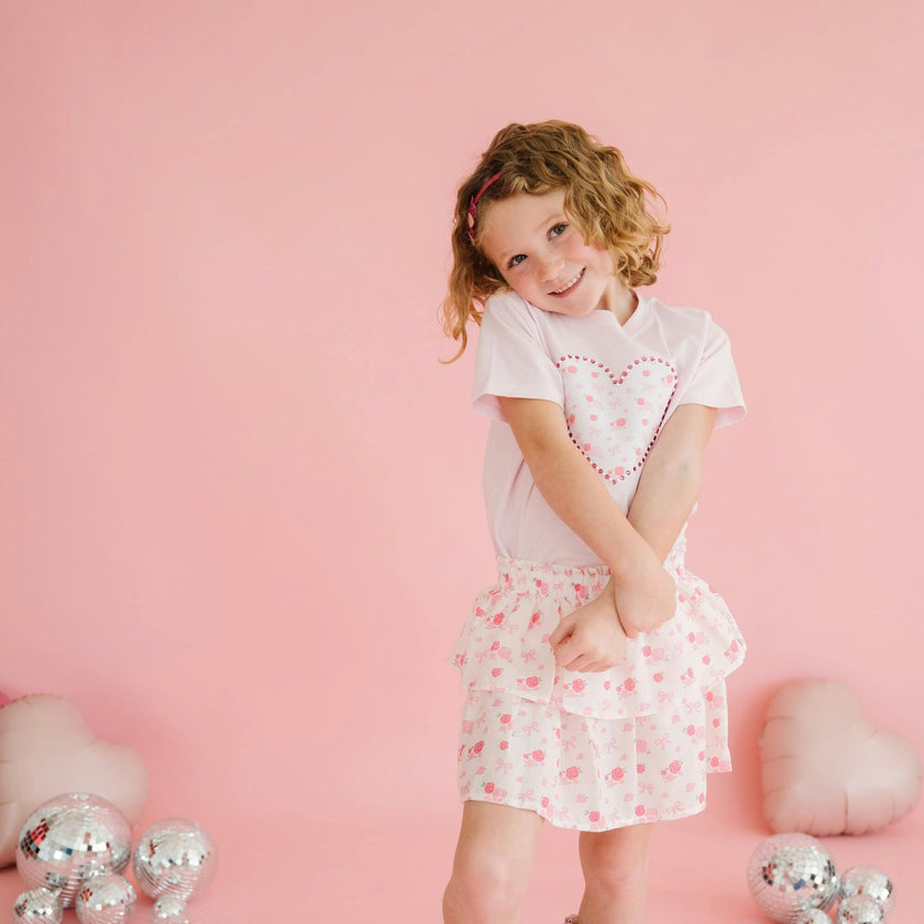 Dainty Rose Pearl Heart Patch Short Sleeve T-Shirt