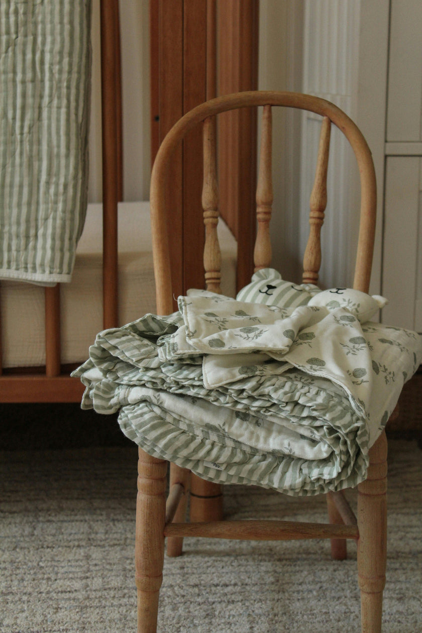 Elle Green Floral Ruffle Quilt Blanket + Bear Lovey SET