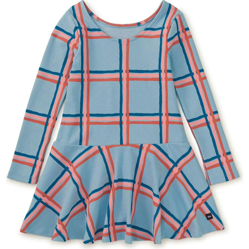 Plaid Print Ribbed Boat Neck Drop Waist Skater Dress, Multi