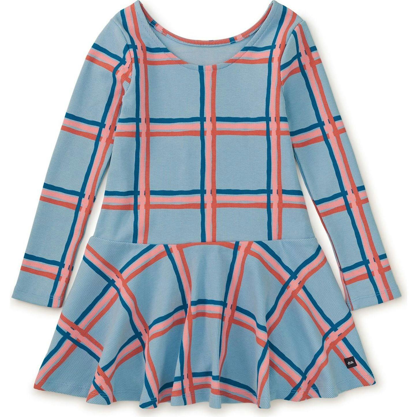 Plaid Print Ribbed Boat Neck Drop Waist Skater Dress, Multi