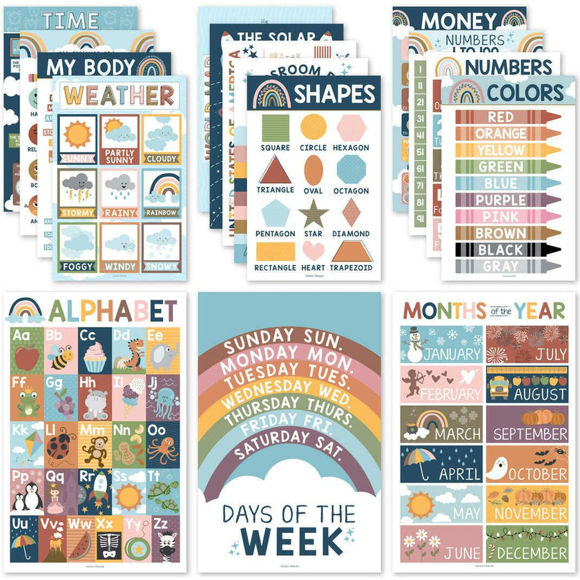 16-Piece Laminated Boho Rainbow Prek & Kindergarten Posters
