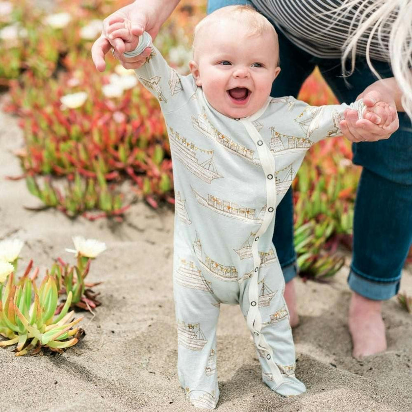 Blue Ships Bamboo Snap Footed Romper
