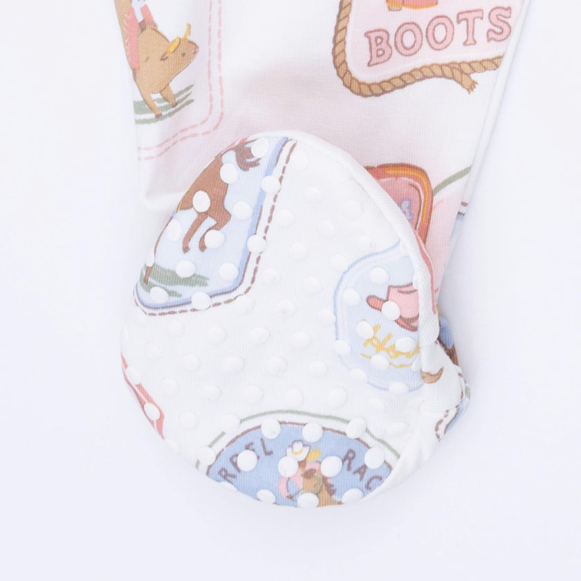 Rodeo Patches Pink - 2 Way Ruffle Back Zipper Footie