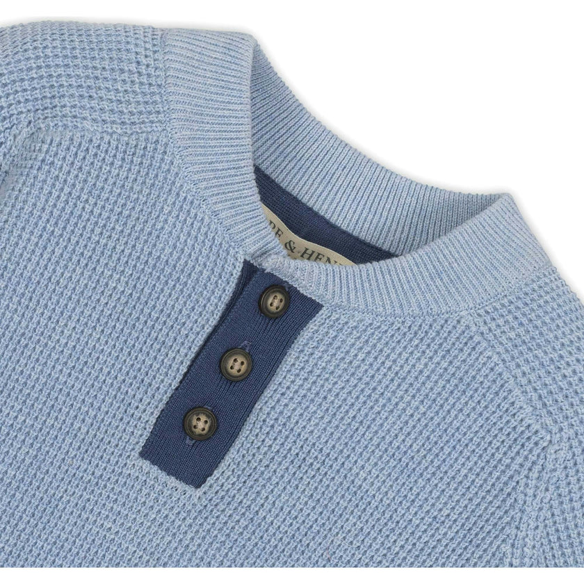Organic Long Sleeve Henley Pullover Sweater with Elbow Patches
