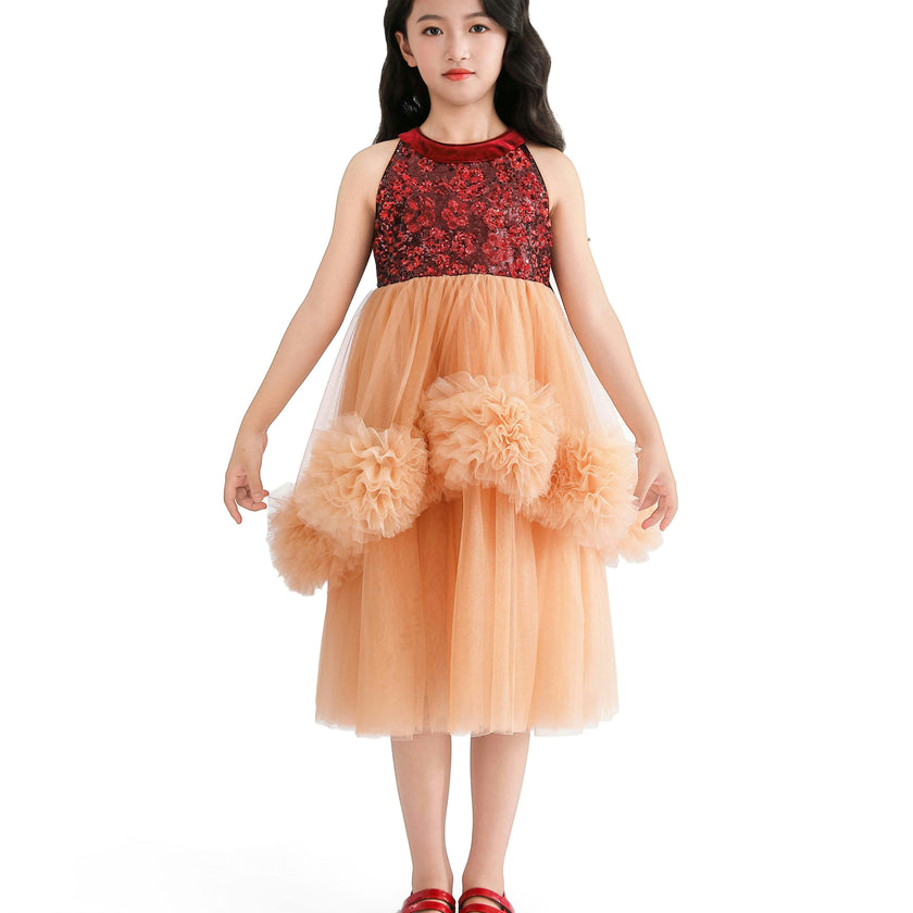 Peach Tulle Pom-Pom Dress
