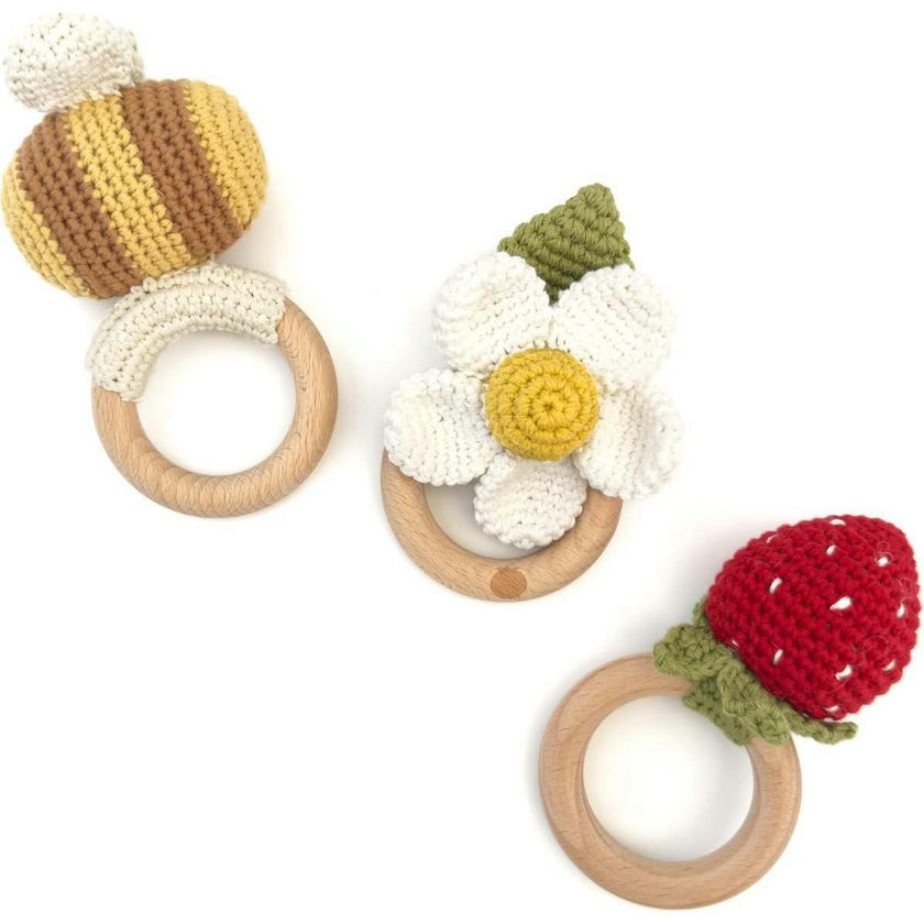 Summer Rattle Set - Red Strawberry Bee and White Flower