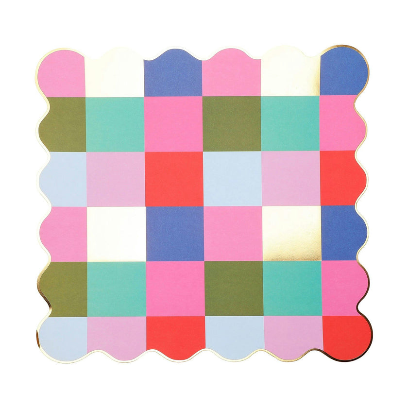 Packed Party Multicolor Checkered Square Paper Placemats 10ct | Gold Foil Festive Rainbow Design | 15 Inch Placemats for Birthday Party Tables