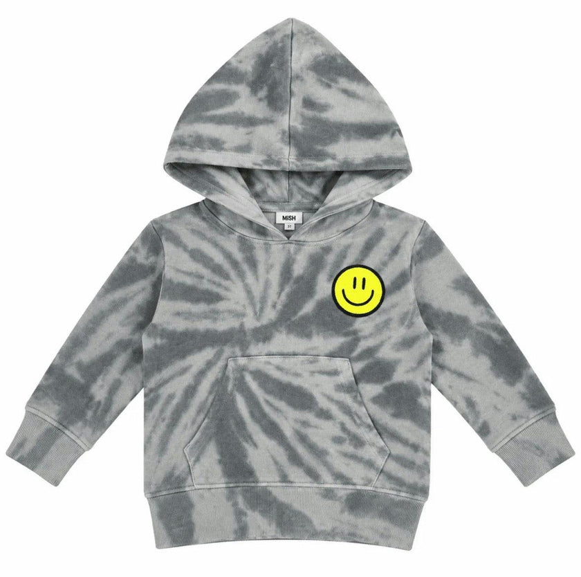 Kids Tie Dye Smiley French Terry Pullover Hoodie - Grey