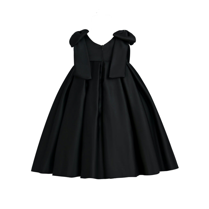 Black Palermo Satin Bow Pleated Dress