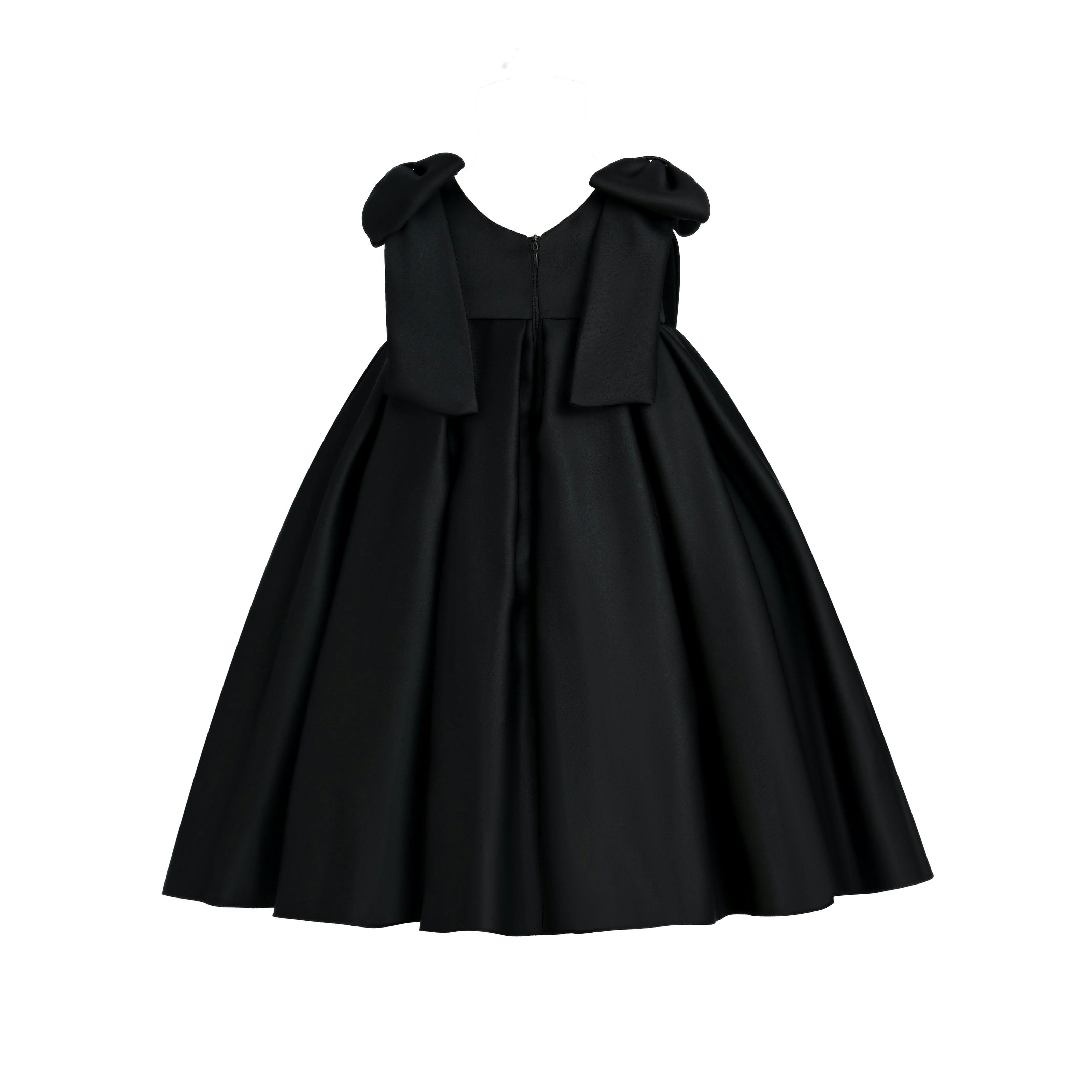 Black Palermo Satin Bow Pleated Dress