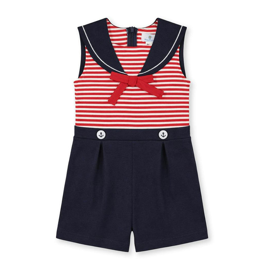 Stripe Knit Shorts Romper With Sailor Collar