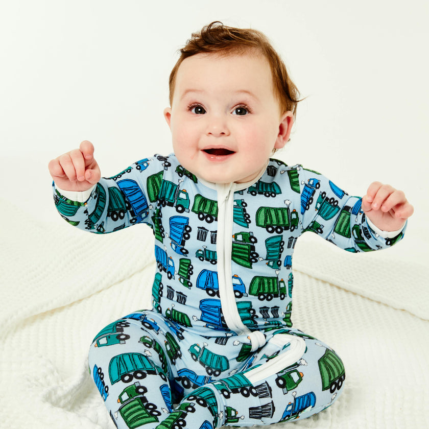 Soft & Stretchy Zipper Footie - Garbage Trucks
