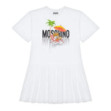 White Logo Print Short Sleeves Flared Skirt