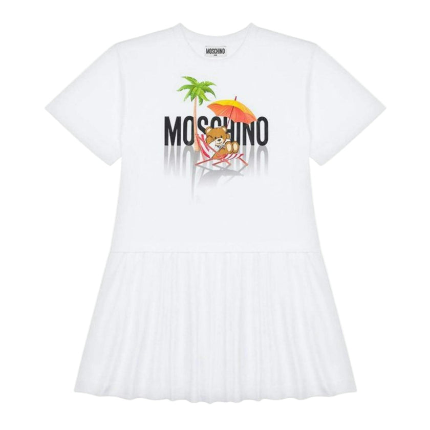 White Logo Print Short Sleeves Flared Skirt