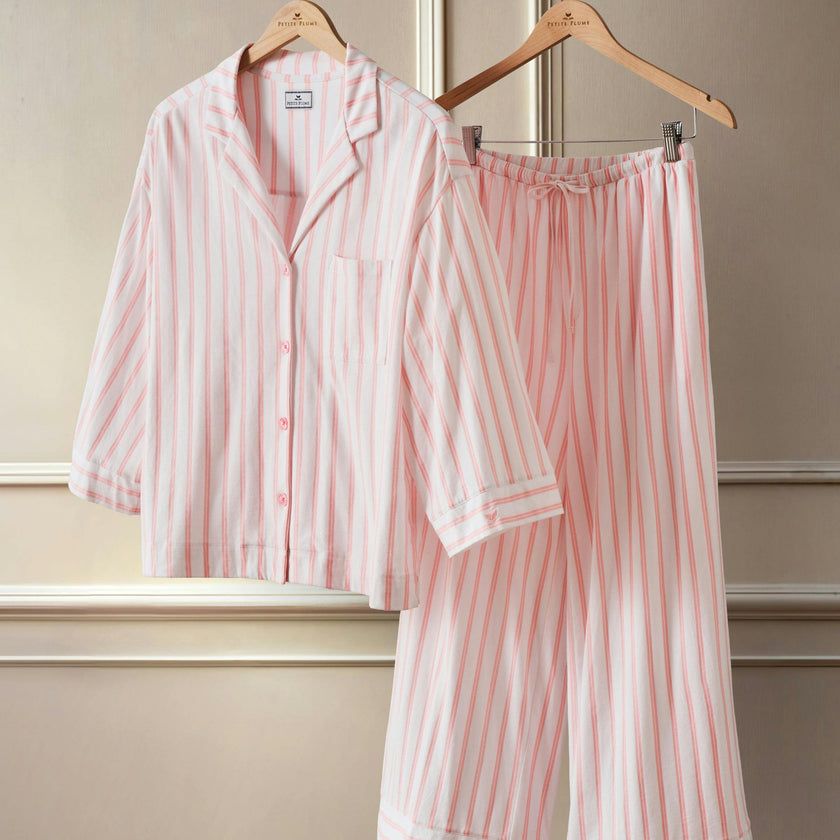 The Olivia Wide Leg Pima Pajama Set in Pink Stripe