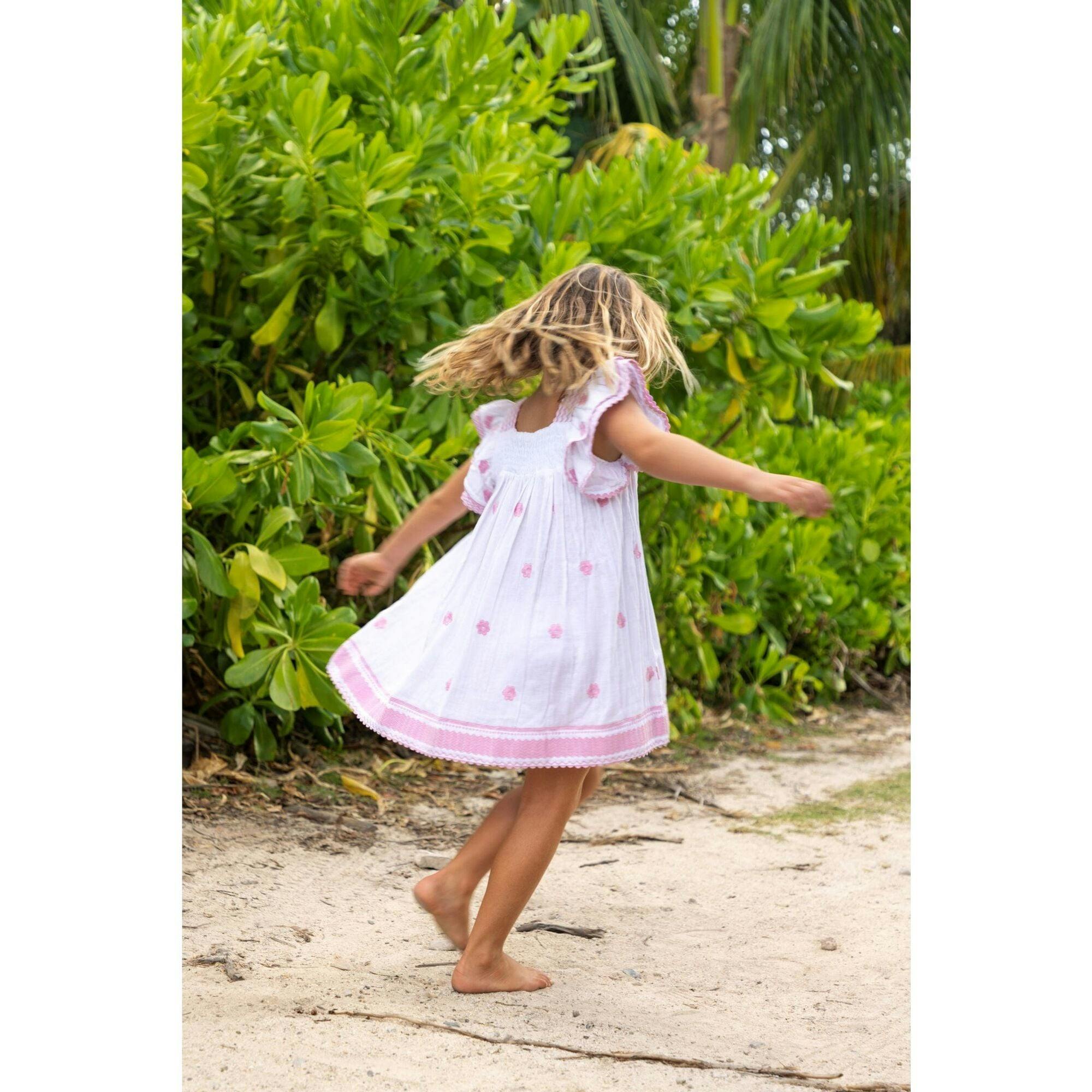 Serena Girl's Tassel Dress White Pink Frangipani, Pink