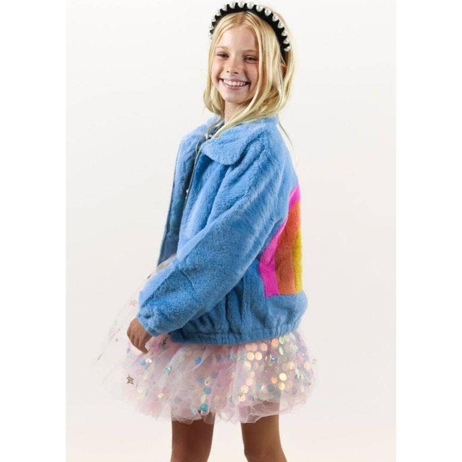 Rainbow Faux Fur Coat Baby Blue