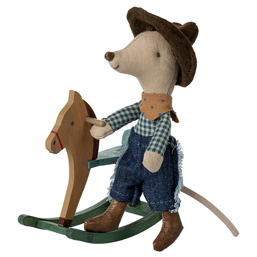 Cowboy mouse on rocking horse, Little brother
