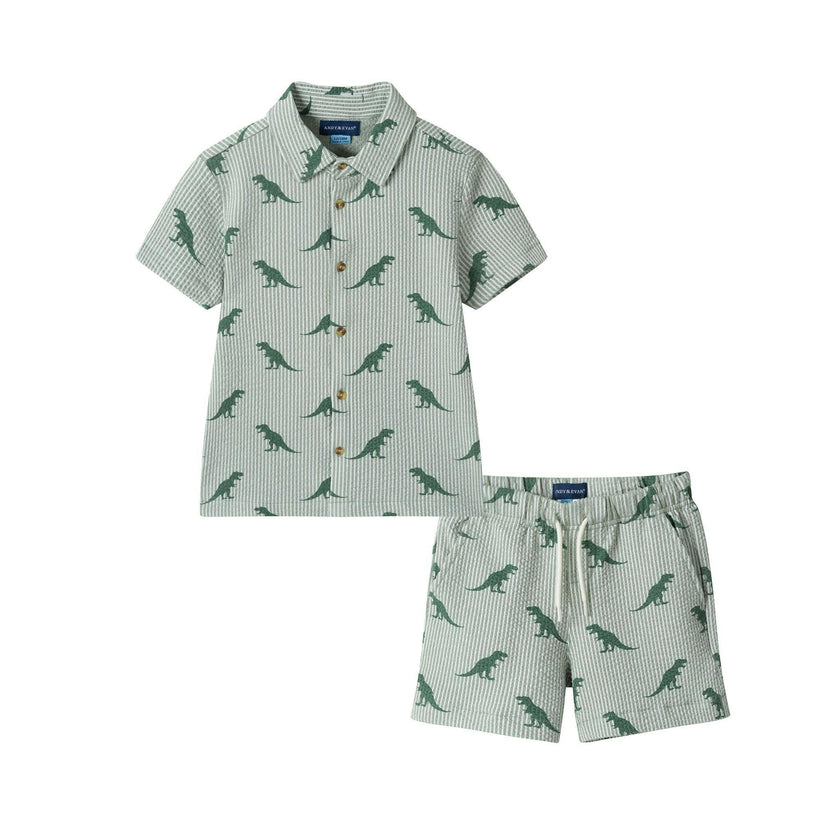Boys Short Sleeve Cabana Set | Green Stripe Dino