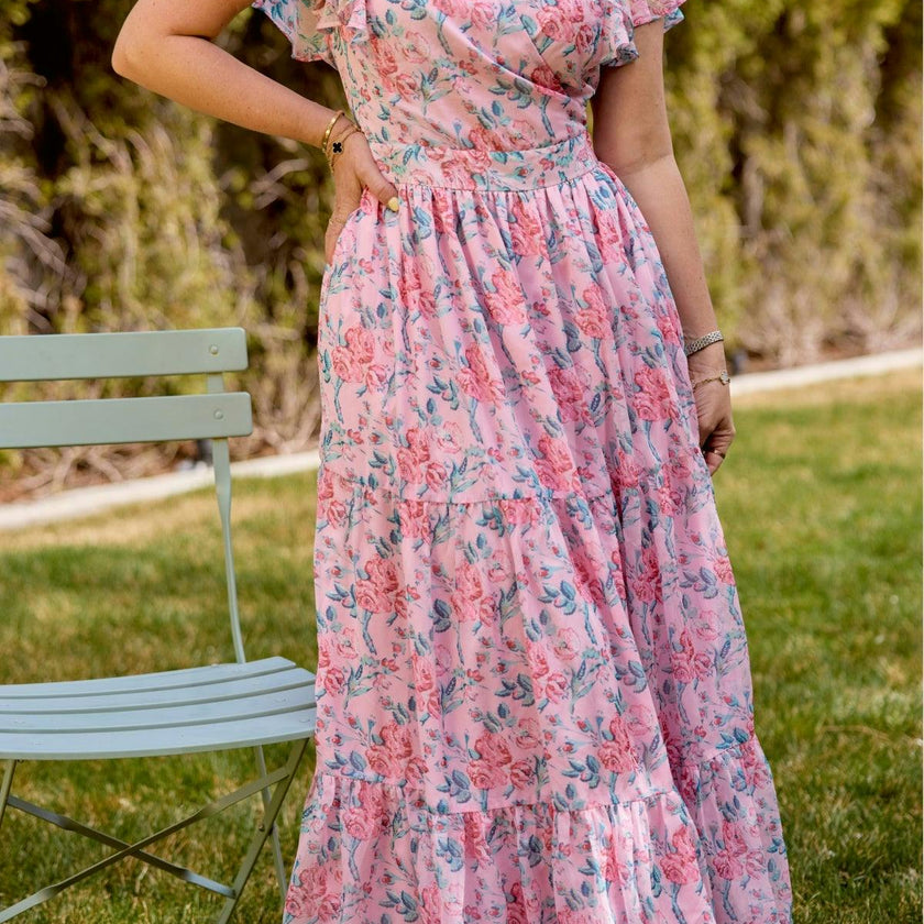 Trixie Dress in Pink Sketched Flower Chiffon