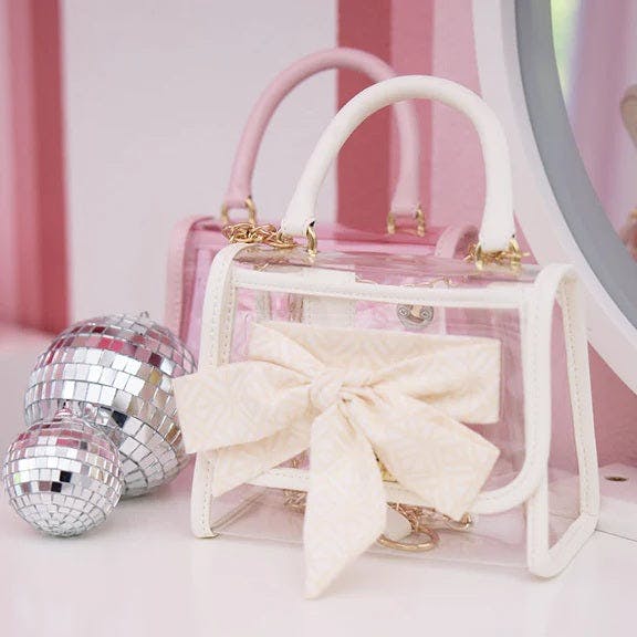 Packed Party Clear Mini Crossbody Bag - White Trim with Gold Chain Strap, Removable Satin Bow Scarf, Top Handle, 7x3.5x5 Inch