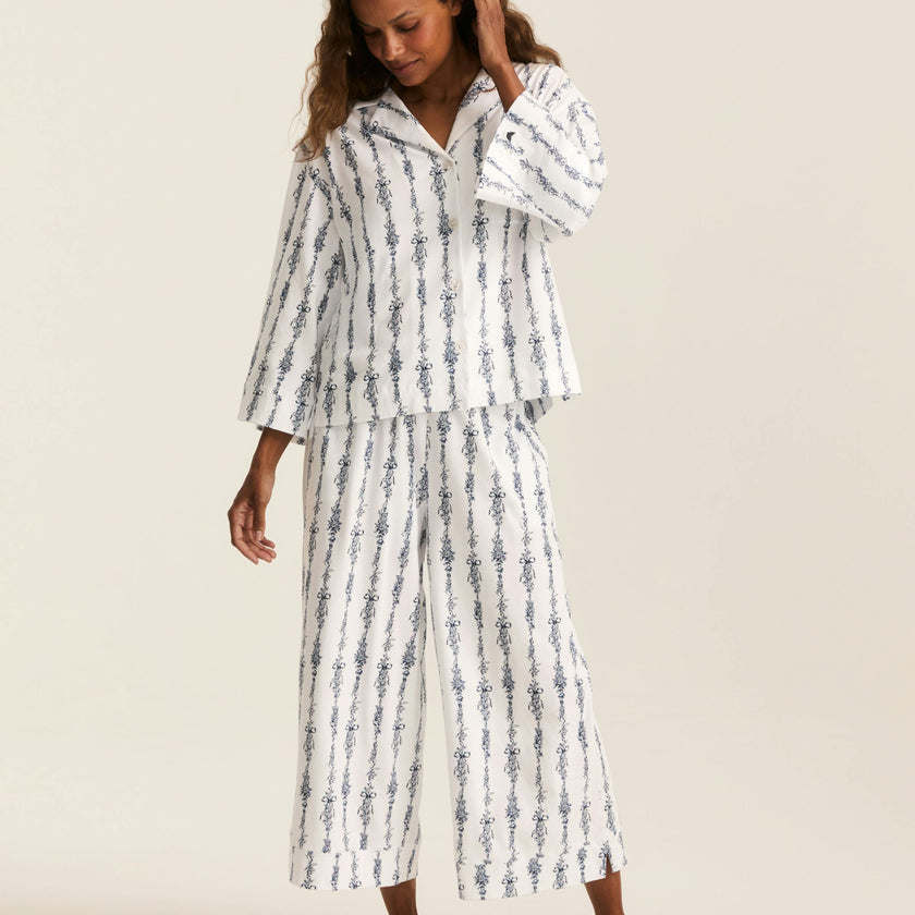The Olivia Wide Leg Pima Pajama Set in Navy Mayfair Toile
