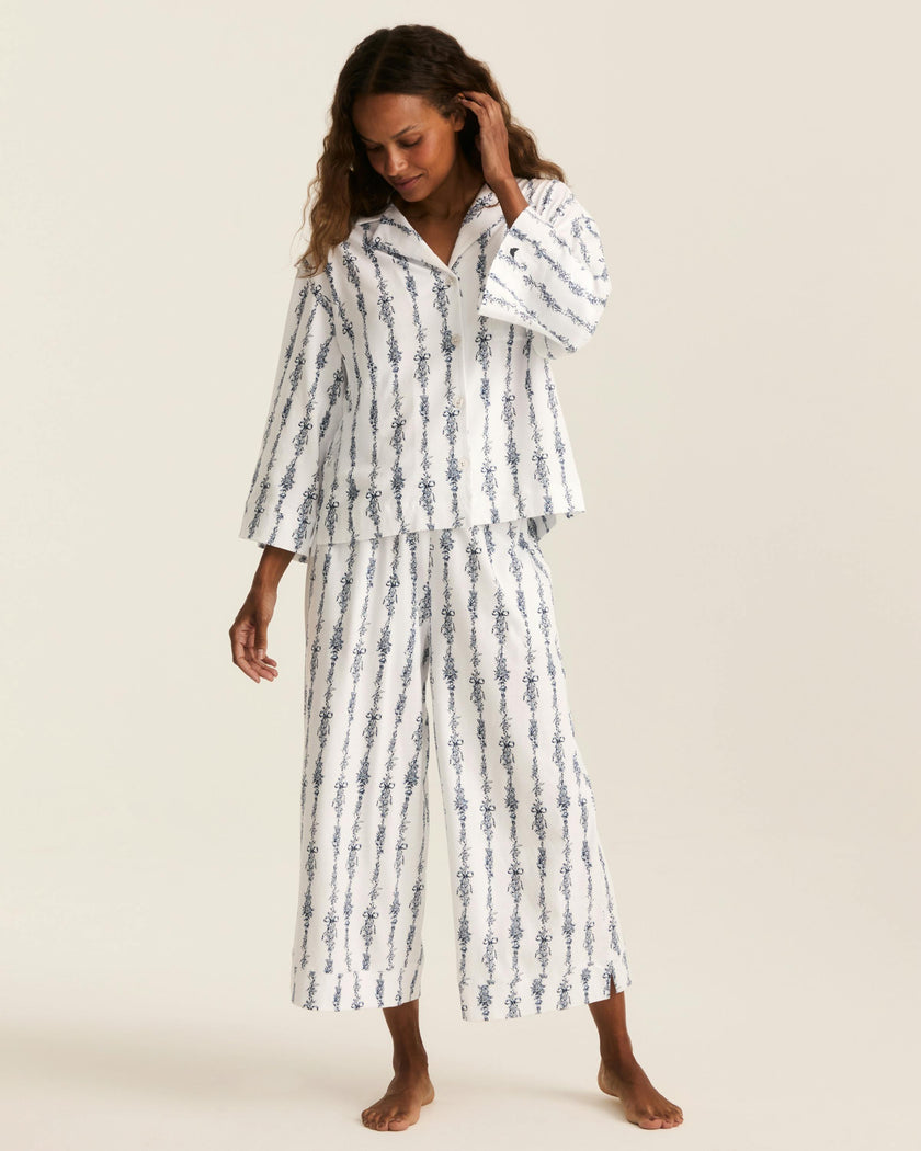 The Olivia Wide Leg Pima Pajama Set in Navy Mayfair Toile