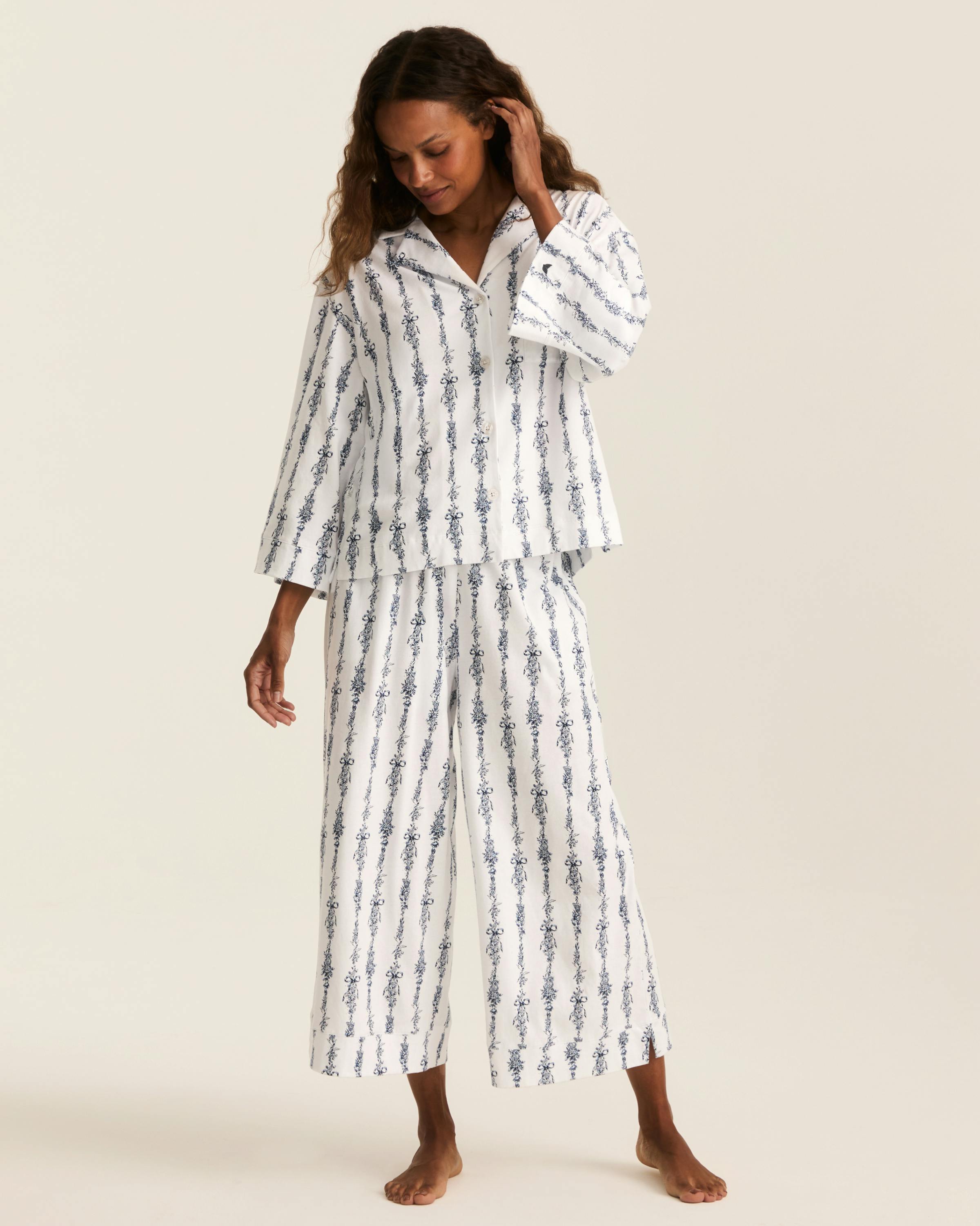 The Olivia Wide Leg Pima Pajama Set in Navy Mayfair Toile