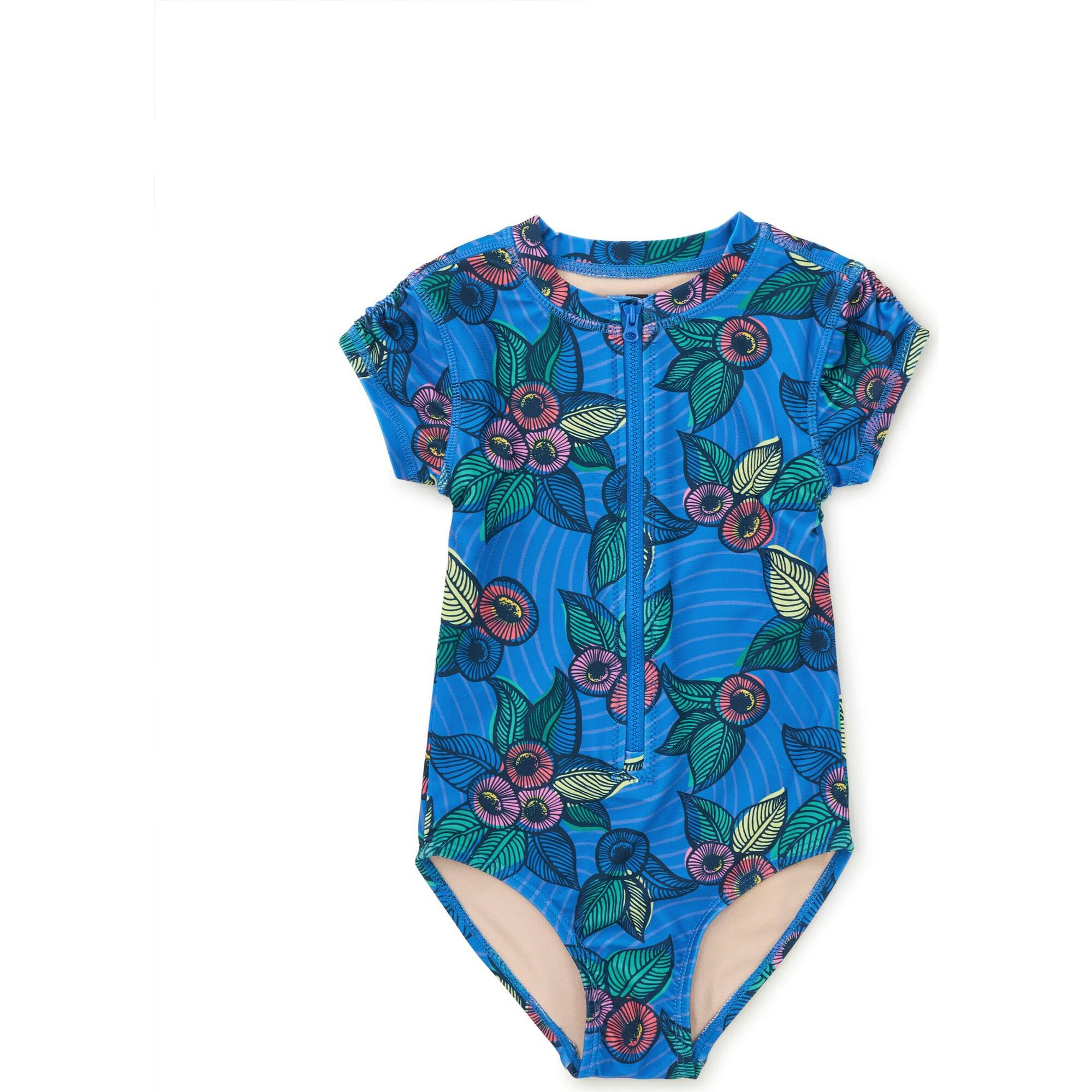 Short Sleeve Zipped Rash Guard One-Piece Swimsuit, Blue