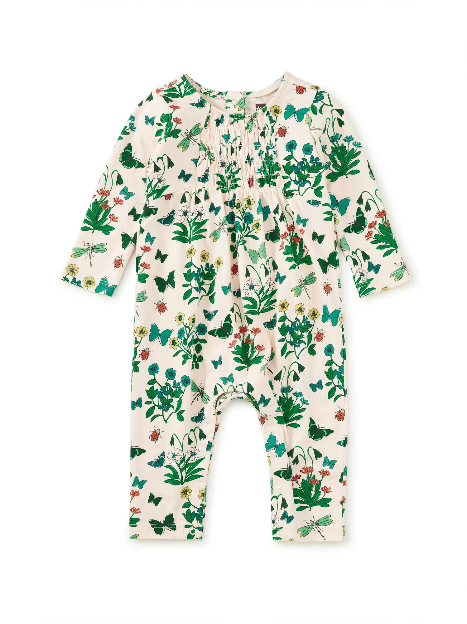 Smocked Baby Romper, Garden Expedition