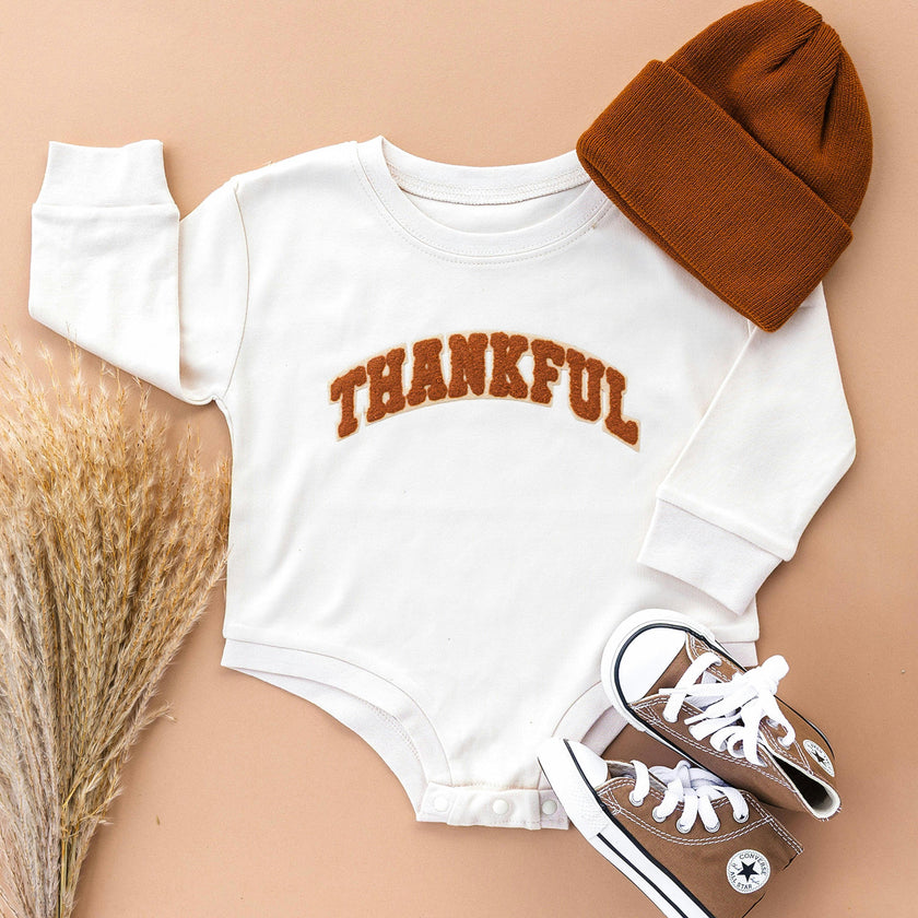Thankful Patch Varsity Thanksgiving Long Sleeve Romper