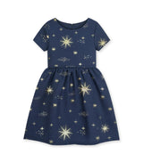 Eryna Girl Dress, French Jacquard - Navy Gold Stars