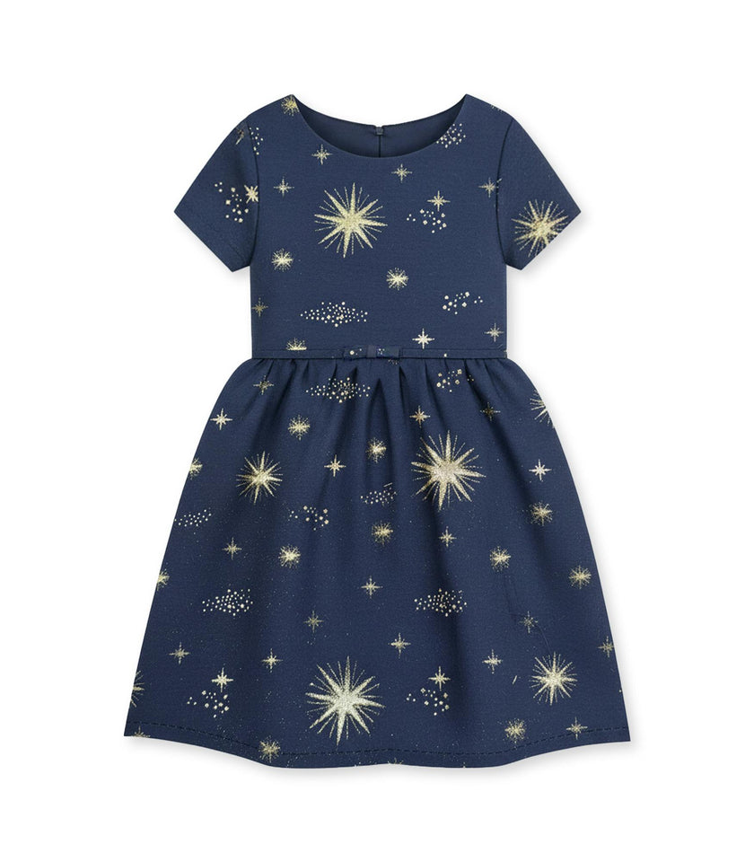 Eryna Girl Dress, French Jacquard - Navy Gold Stars