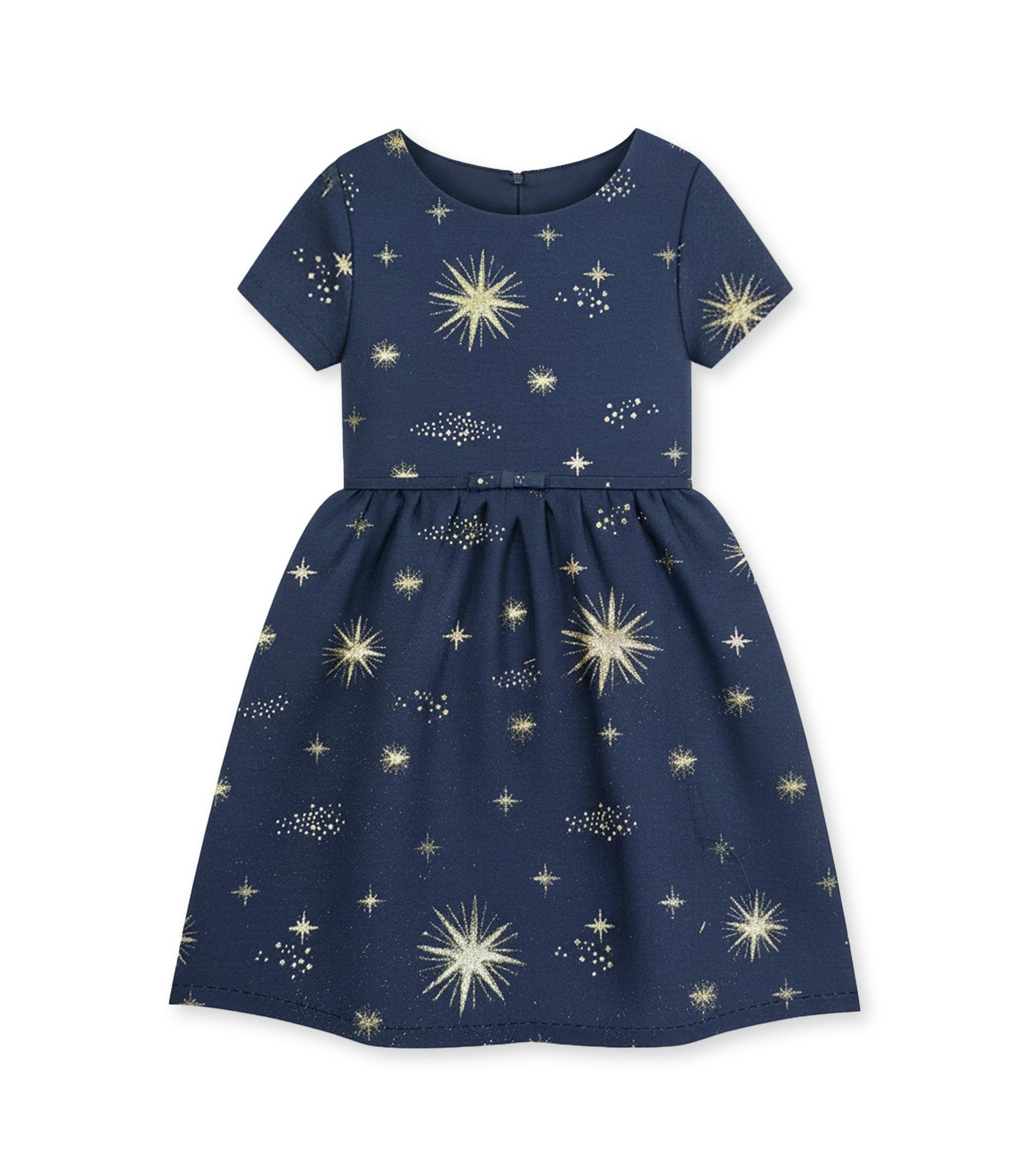 Eryna Girl Dress, French Jacquard - Navy Gold Stars