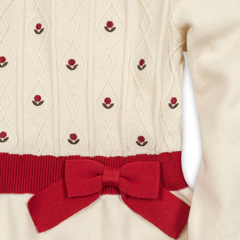 Organic Embroidered Skater Sweater Dress with Bow, White