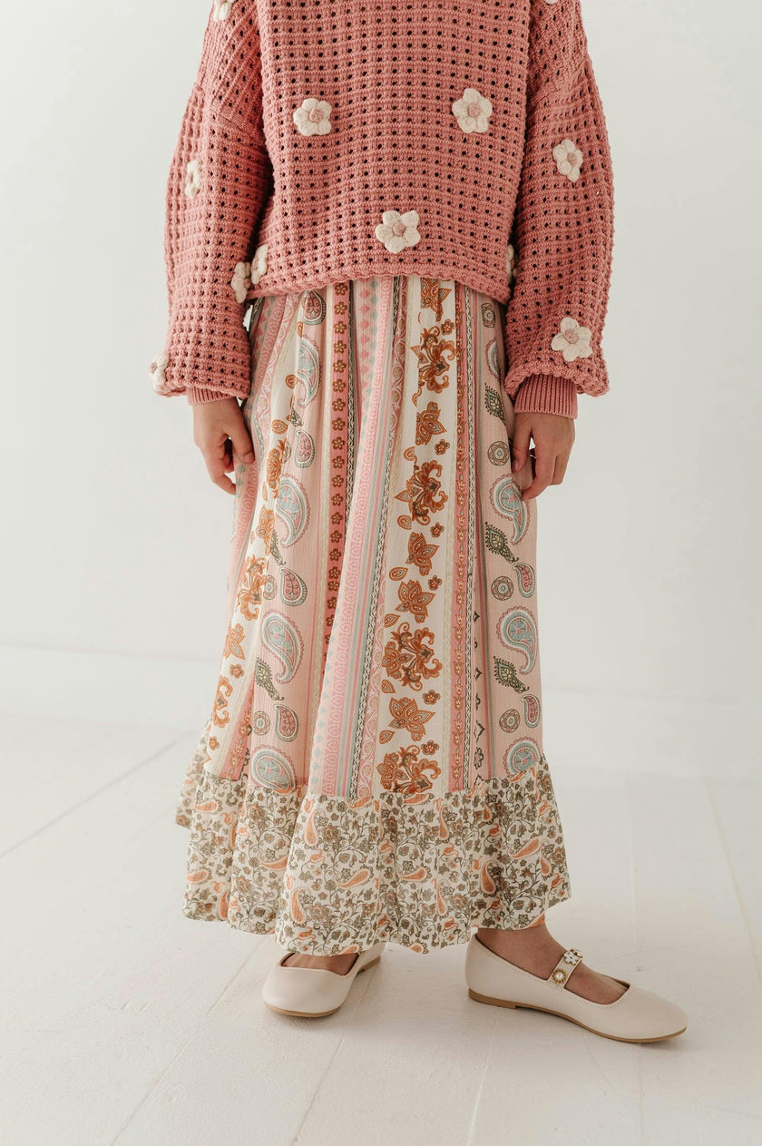 Girls Ruffle Bottom Maxi Skirt in Willow Paisley
