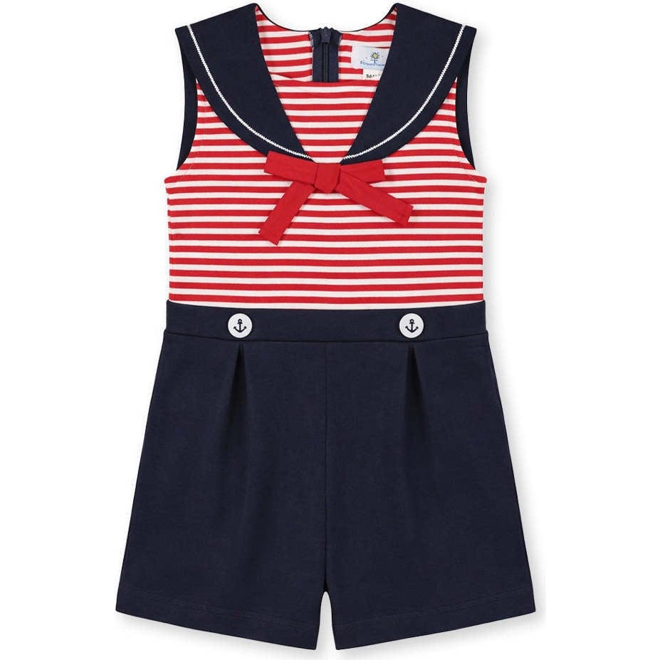 Stripe Knit Shorts Romper With Sailor Collar