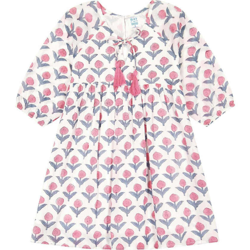 Sara Popover Block-Print Flower Dress, Florals
