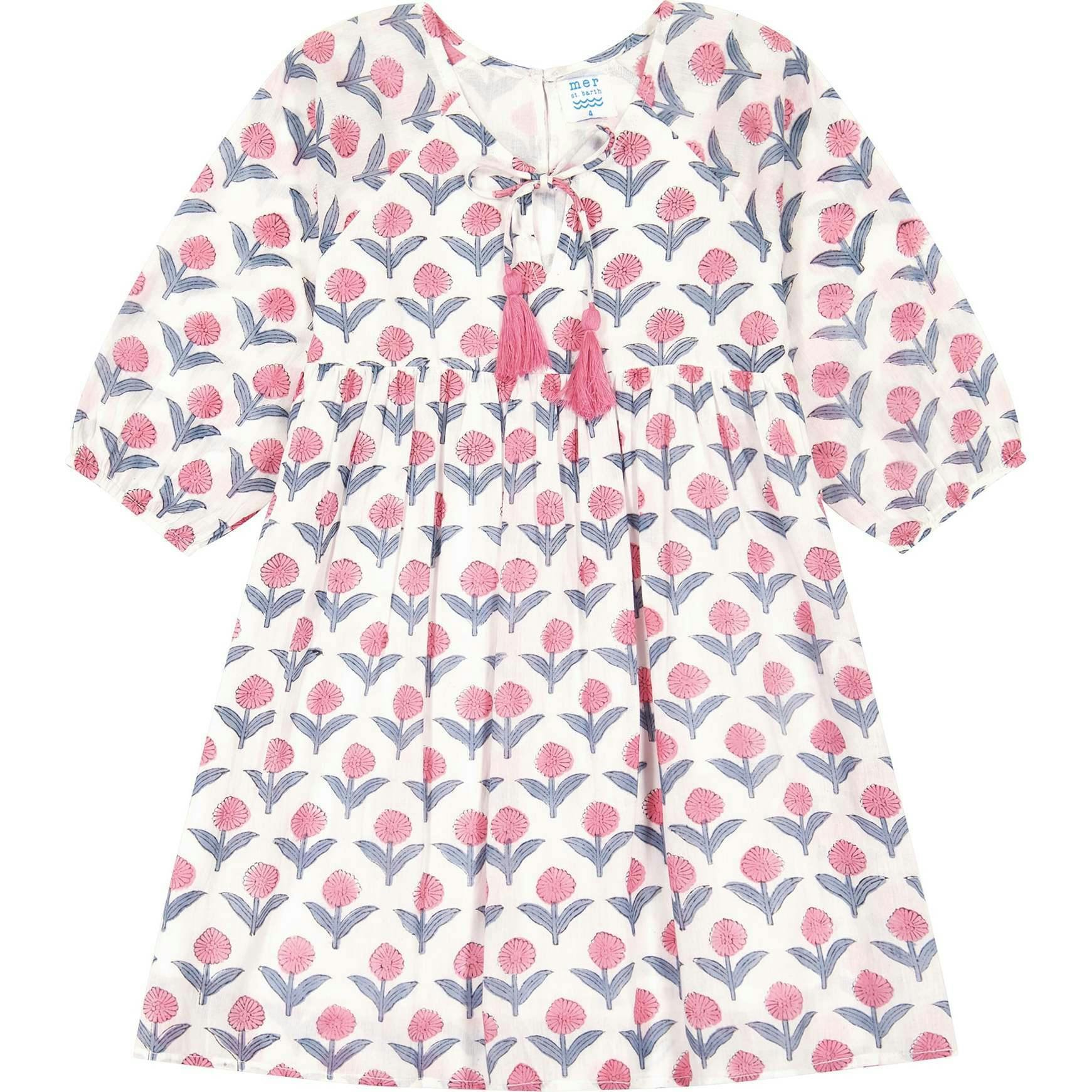 Sara Popover Block-Print Flower Dress, Florals