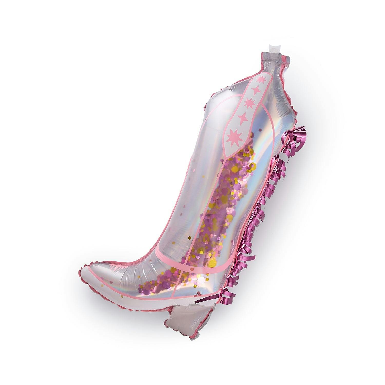 Packed Party Confetti and Fringe Cowboy Boot Mylar Balloons Set of 2 - 21-Inch Pink Boot-Shaped Balloons with Confetti Fill and Shiny Fringe Detailing