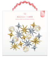 Packed Party Sparkle and Shine Gold Silver Confetti Mylar Balloon Set 21ct - Spark-Shaped and Confetti-Filled Balloons with Glue Dots and Strings Included