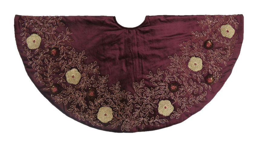 Hand Beaded Velvet Floral WIne Christmas Tree Skirt 60"