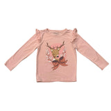 Girls Long Sleeve Ruffle Top in Reindeer on Holiday Blush