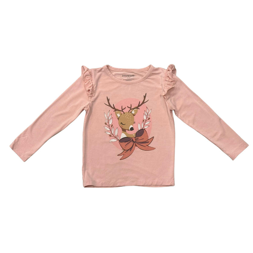 Girls Long Sleeve Ruffle Top in Reindeer on Holiday Blush