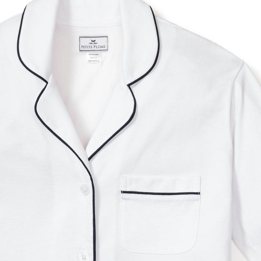 Women's Pima Pajama Set in White with Navy Piping