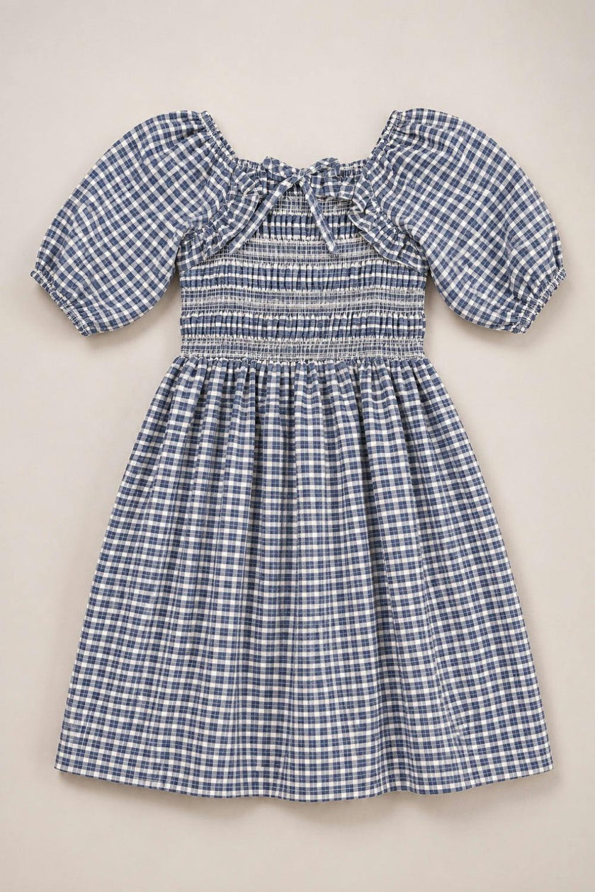 Mini Mae 3/4 Sleeve Dress in Prussian Blue Plaid