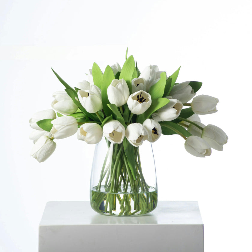 Real Touch White Tulip Faux Floral Everyday Spring Water Illusion Arrangement in Glass Teardrop Vase - Available in Multiple Colors